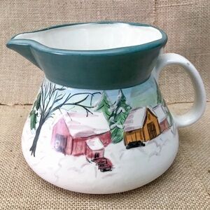 Farmhouse Barn In Winter Snow Art Painting On Pitcher Vase Homestead Farm Core